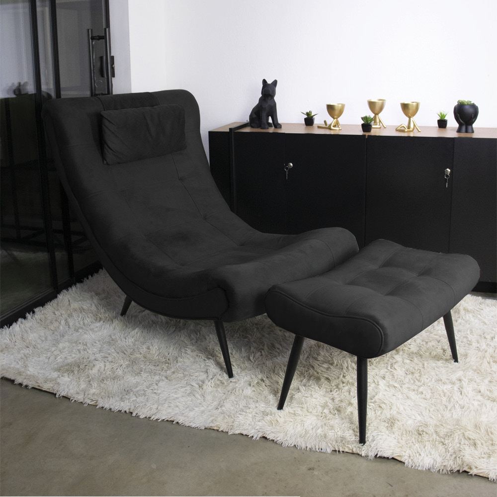 Puff Sher Suede Preto Pés Palito de Ferro - D'Rossi