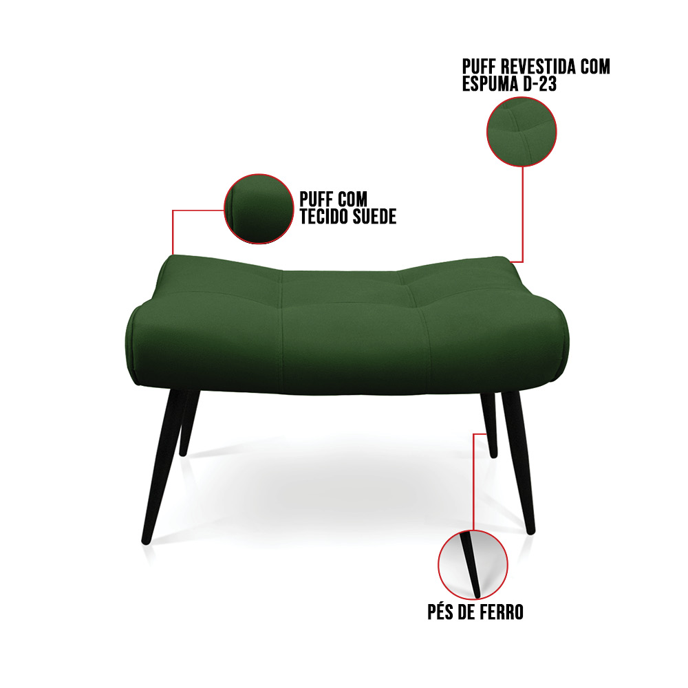 Puff Sher Suede Verde Pés Palito de Ferro - D'Rossi