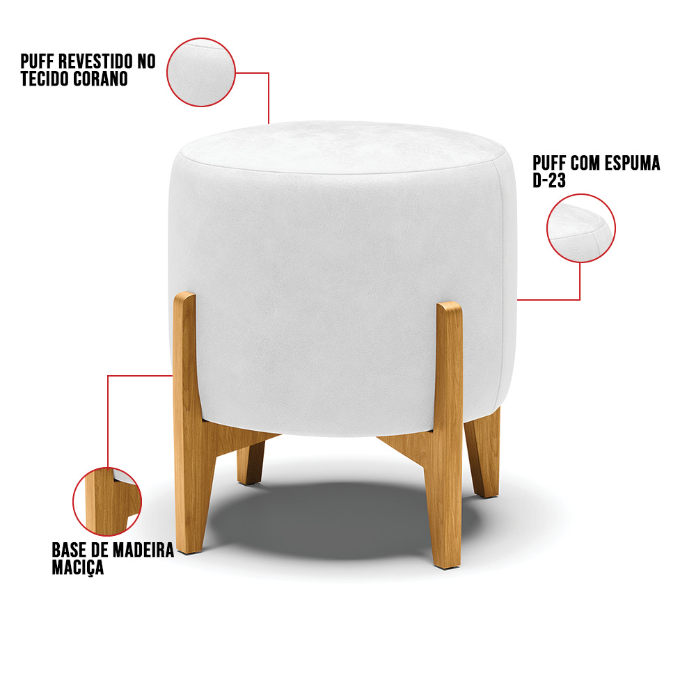 Puff Stella Corano Branco Base Madeira Castanho - D'Rossi