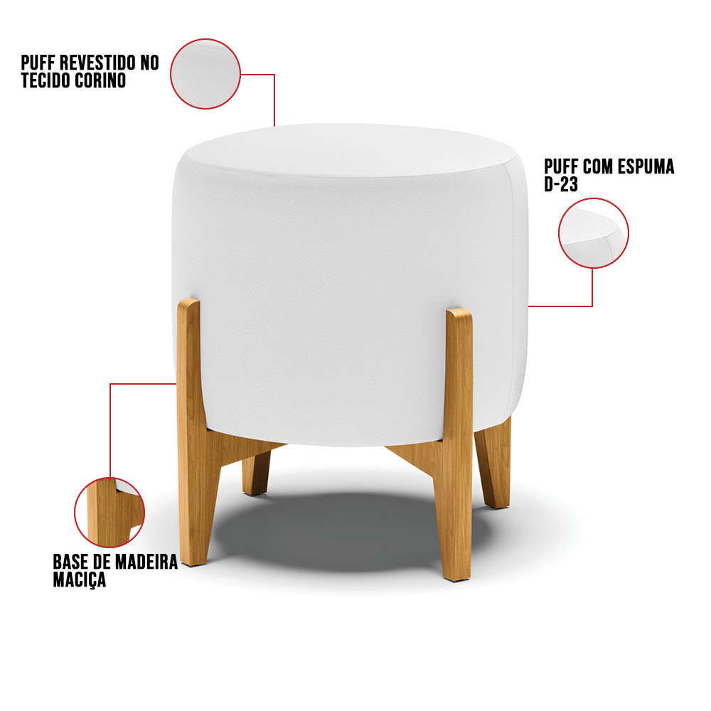 Puff Stella Corino Branco Base Madeira Castanho - D'Rossi