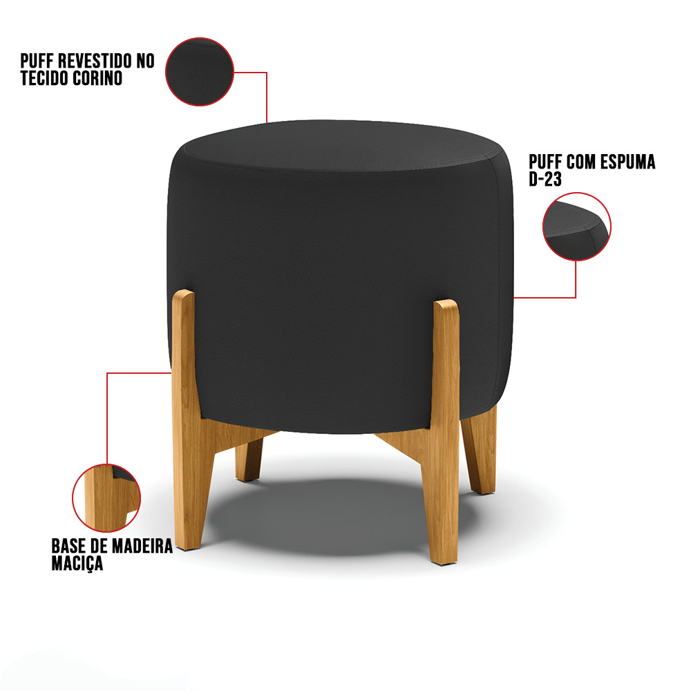 Puff Stella Corino Preto Base Madeira Castanho - D'Rossi