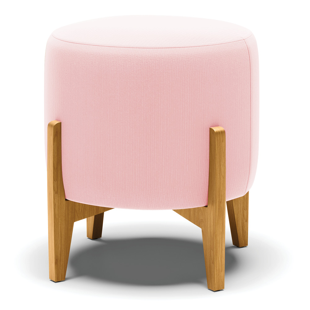 Puff Stella Suede Rosa Bebê Base Madeira Castanho - D'Rossi
