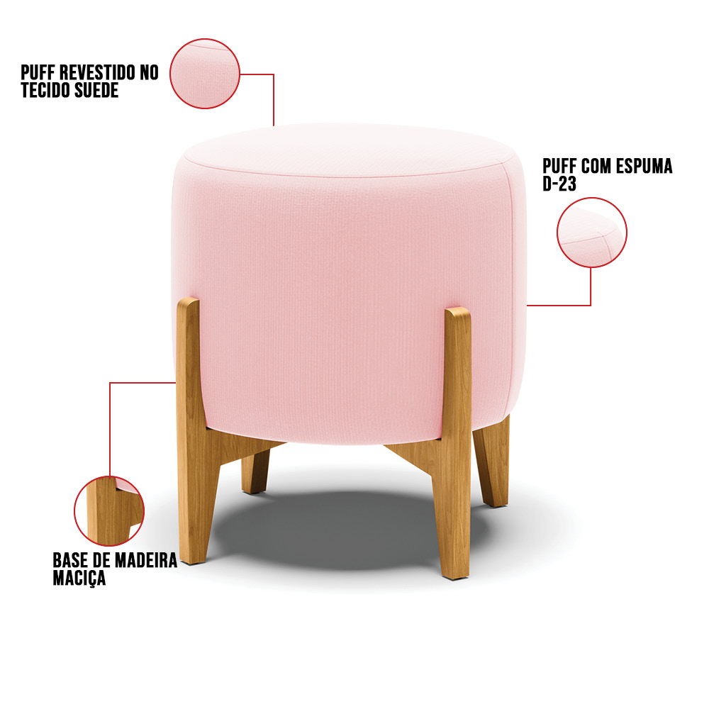Puff Stella Suede Rosa Bebê Base Madeira Castanho - D'Rossi