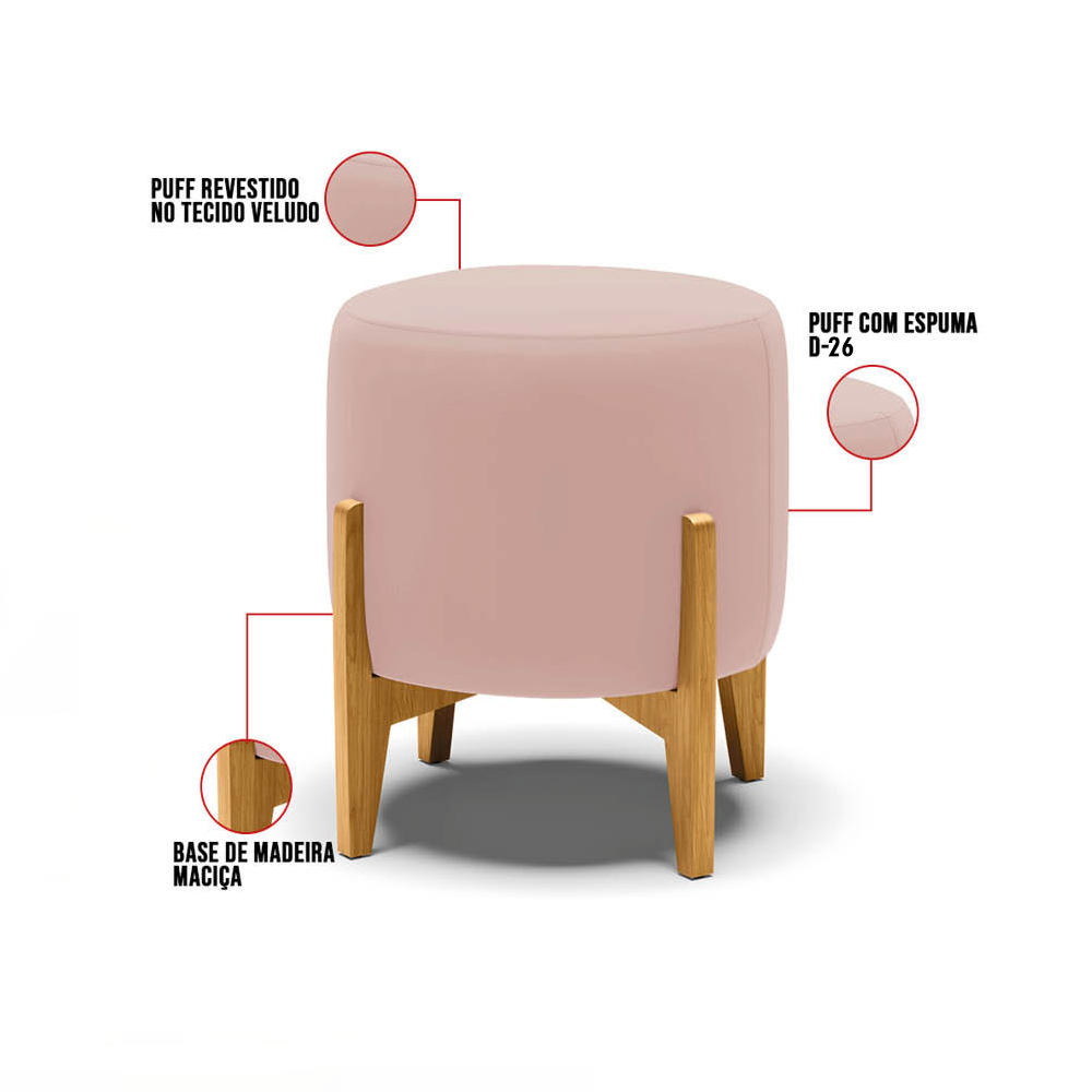 Puff Stella Veludo Rosê Base Madeira Castanho - D'Rossi