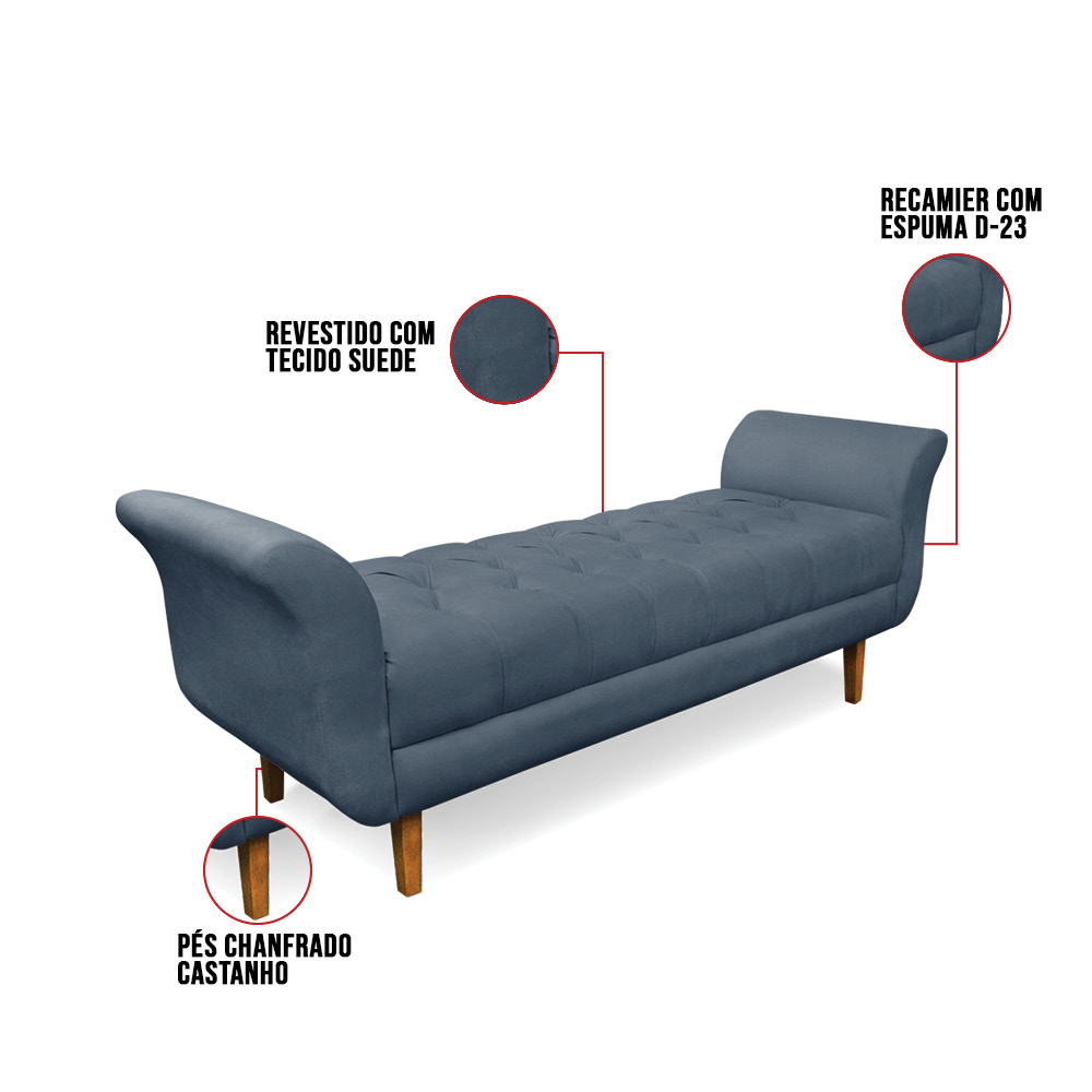 Recamier Olinda Suede Azul Marinho 160 cm Pés Chanfrado Castanhos - D'Rossi