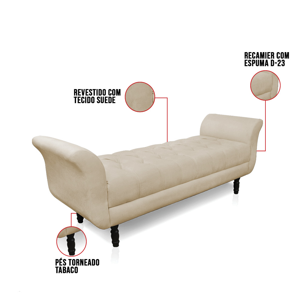Recamier Olinda Suede Bege 160 cm Pés Torneados Tabaco - D'Rossi
