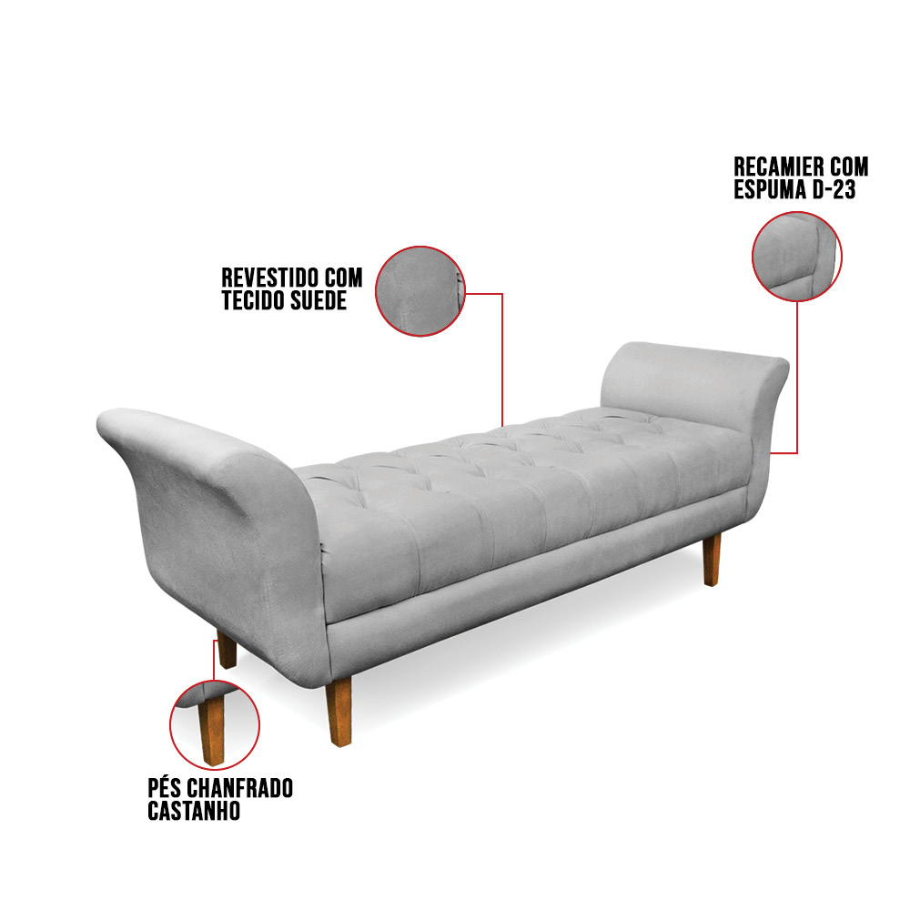 Recamier Olinda Suede Cinza 160 cm Pés Chanfrado Castanhos - D'Rossi
