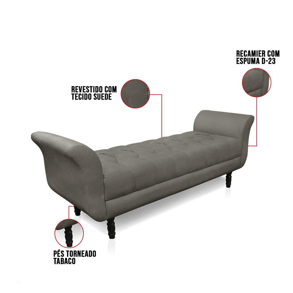 Recamier Olinda Suede Grafite 160 cm Pés Torneados Tabaco - D'Rossi