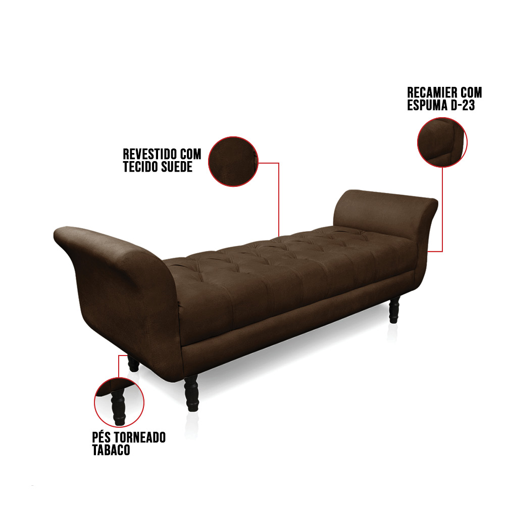 Recamier Olinda Suede Marrom 160 cm Pés Torneados Tabaco - D'Rossi