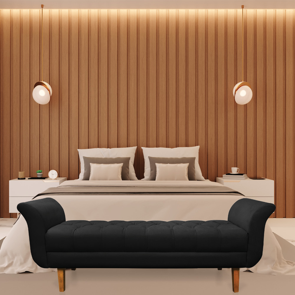 Recamier Olinda Suede Preto 160 cm Pés Chanfrado Castanhos - D'Rossi