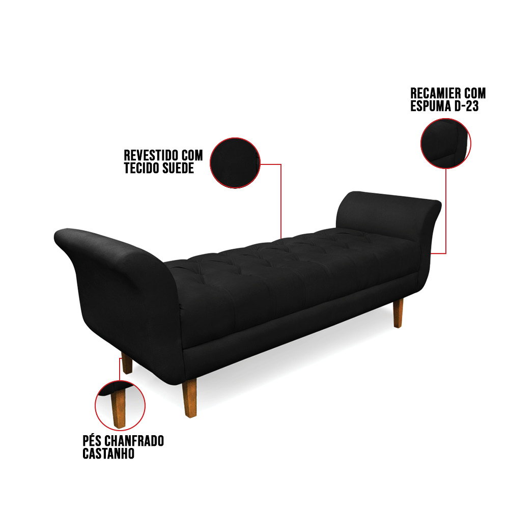 Recamier Olinda Suede Preto 160 cm Pés Chanfrado Castanhos - D'Rossi