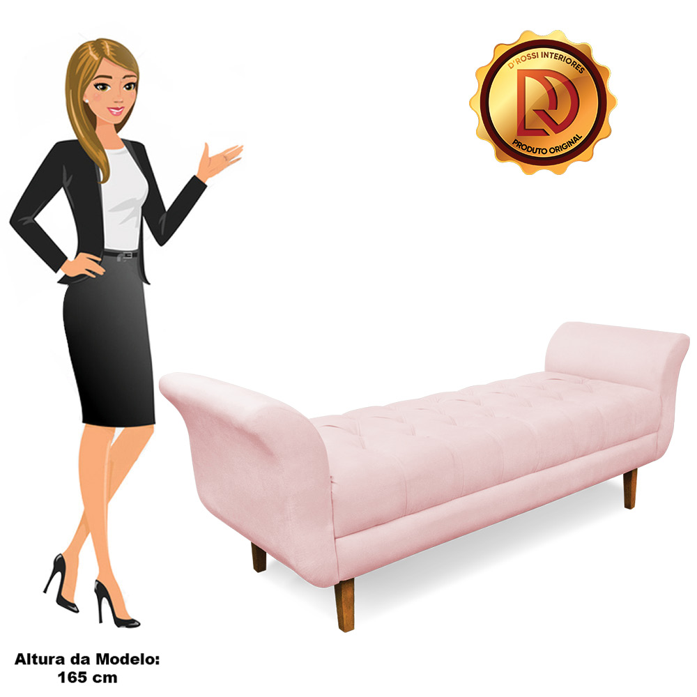 Recamier Olinda Suede Rosa Bebê 160 cm Pés Chanfrado Castanhos - D'Rossi