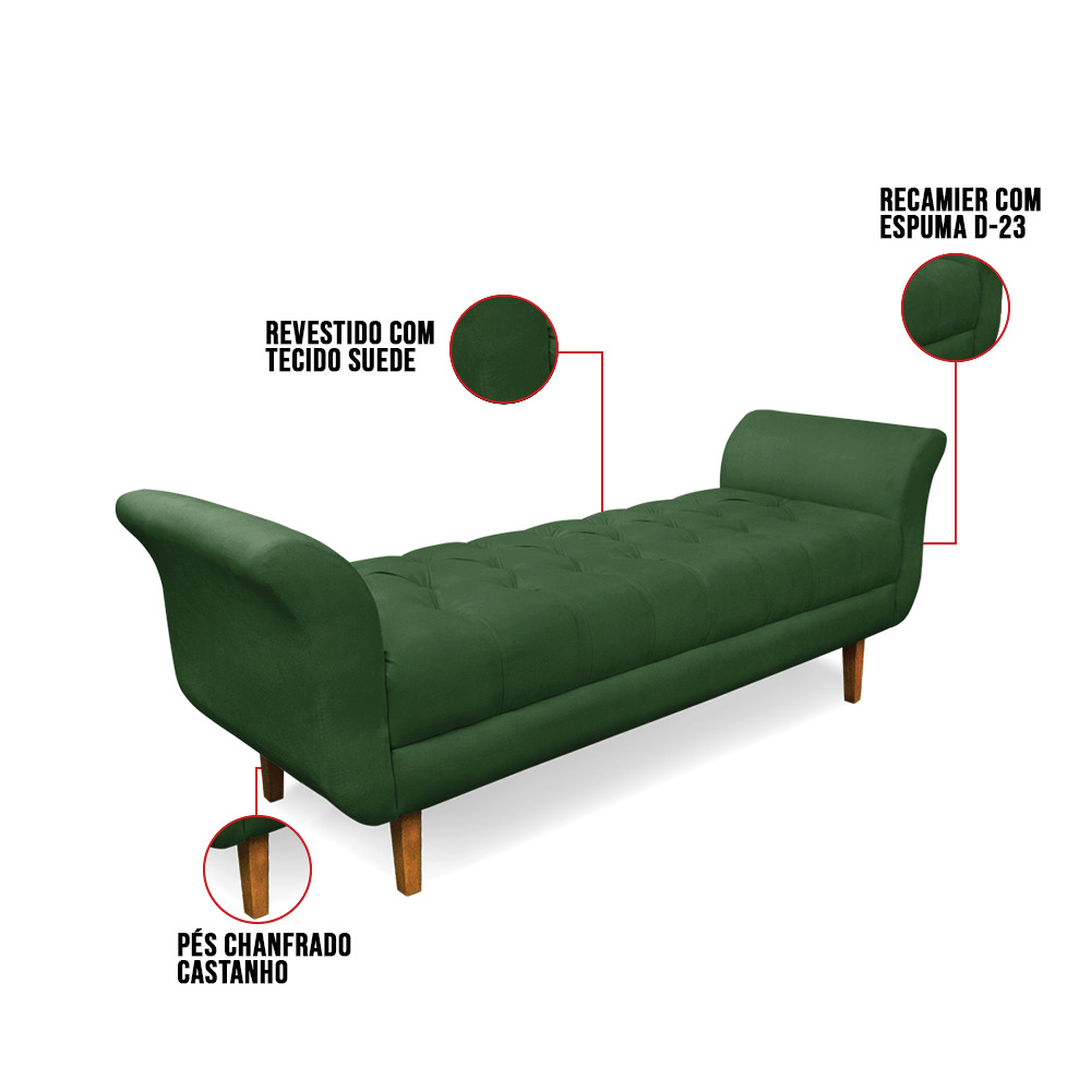 Recamier Olinda Suede Verde 160 cm Pés Chanfrado Castanhos - D'Rossi