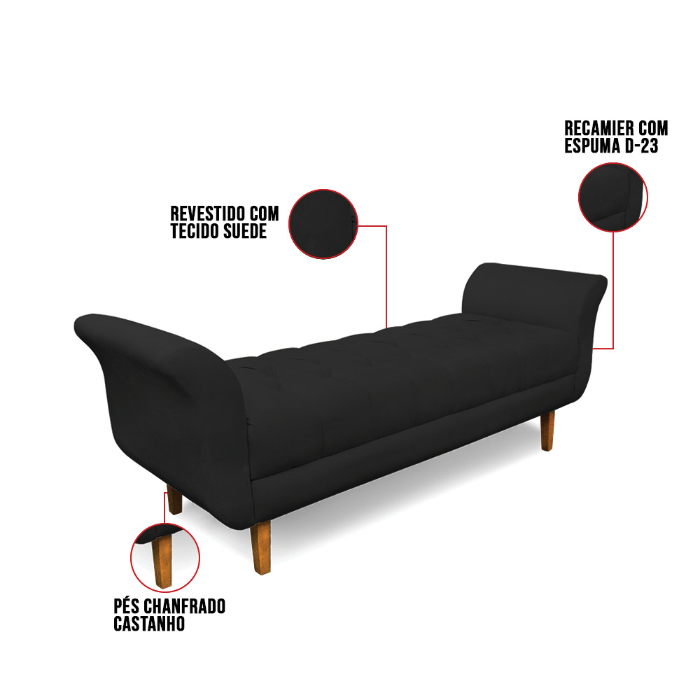 Recamier Olinda Veludo Preto 160 cm Pés Chanfrado Castanhos - D'Rossi