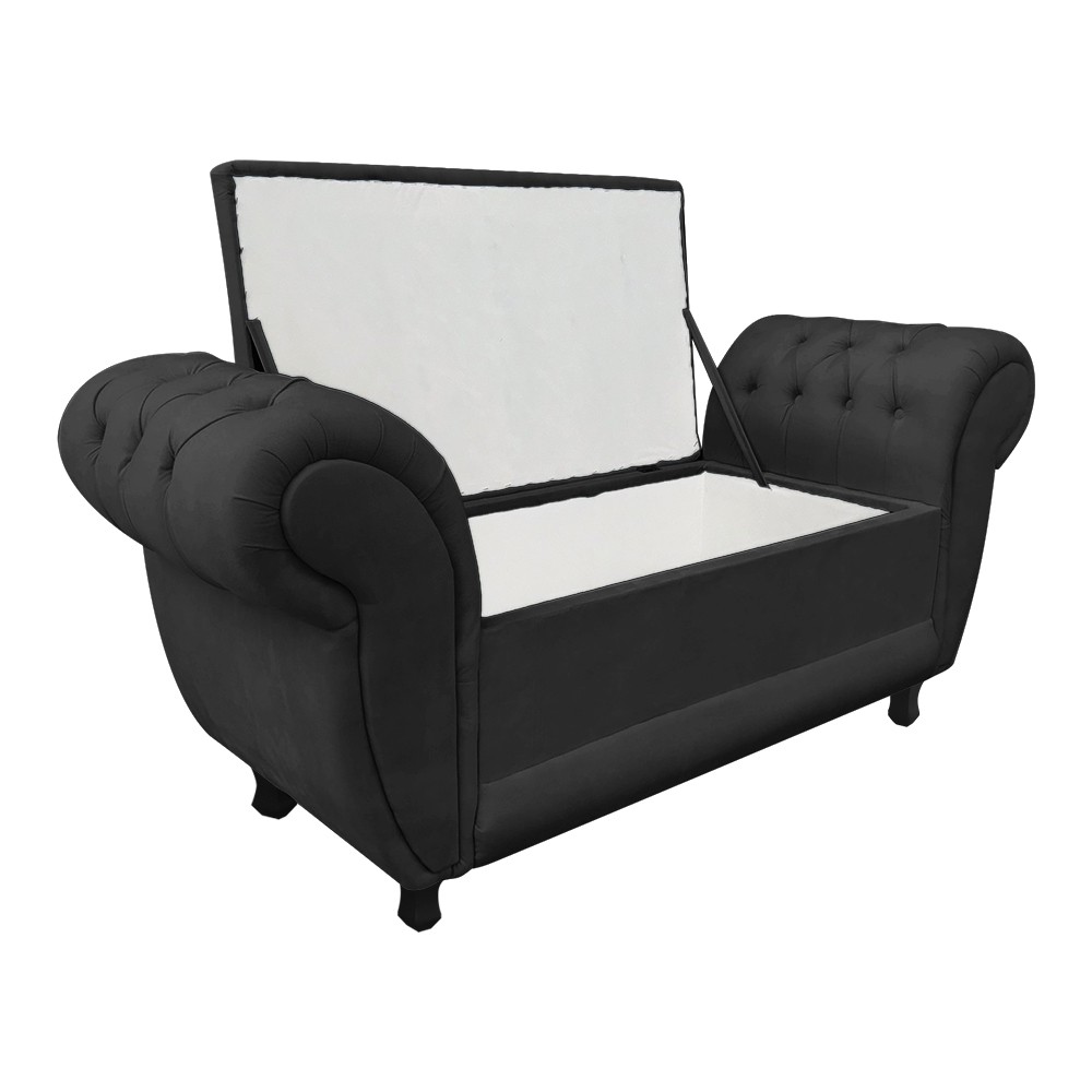 Recamier com Baú Grécia Namoradeira Calçadeira Suede Preto - D'Rossi