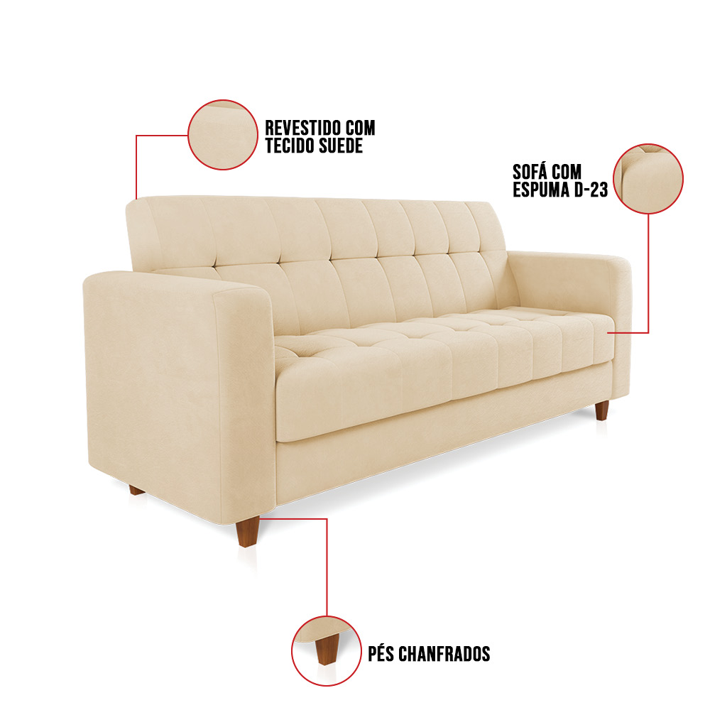 Sofá 03 Lugares Arezzo Suede Bege Pés Chanfrado Castanho - D'Rossi