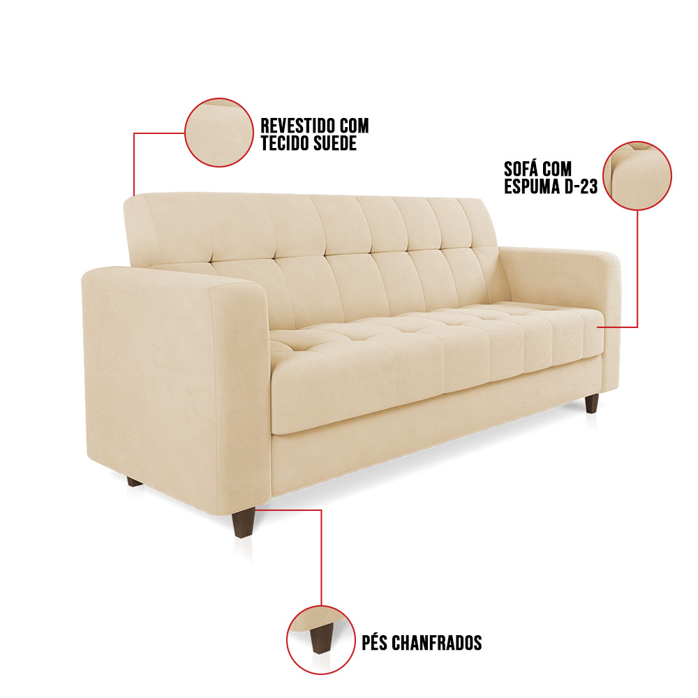 Sofá 03 Lugares Arezzo Suede Bege Pés Chanfrado Tabaco - D'Rossi