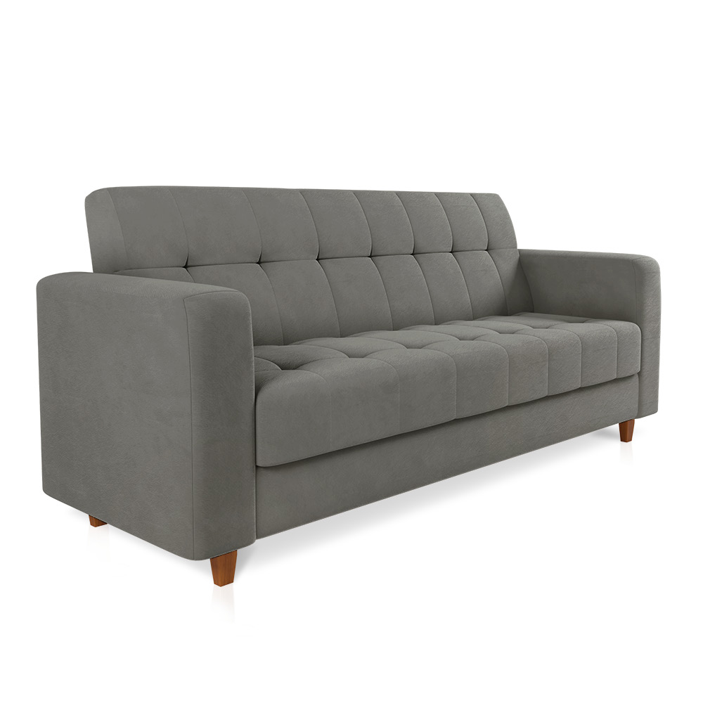 Sofá 03 Lugares Arezzo Suede Grafite Pés Chanfrado Castanho - D'Rossi
