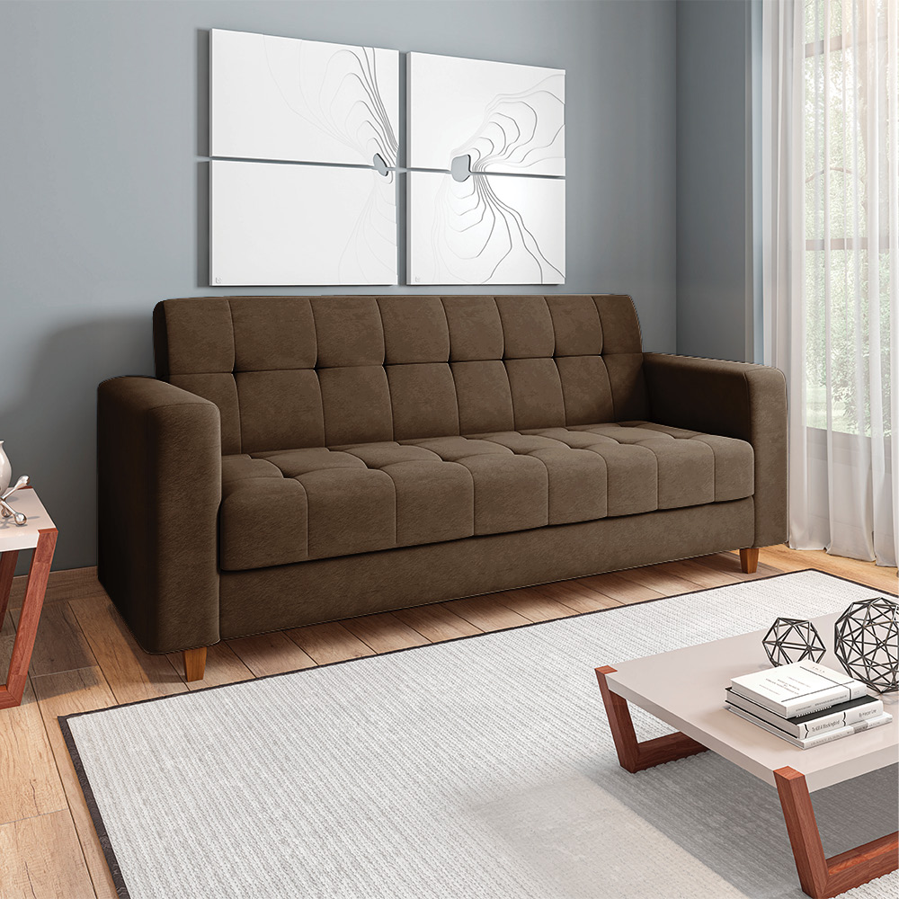 Sofá 03 Lugares Arezzo Suede Marrom Pés Chanfrado Castanho - D'Rossi