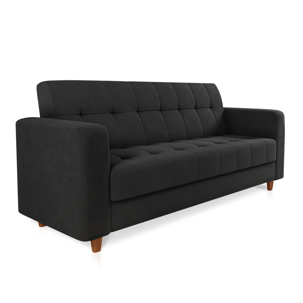 Sofá 03 Lugares Arezzo Suede Preto Pés Chanfrado Castanho - D'Rossi
