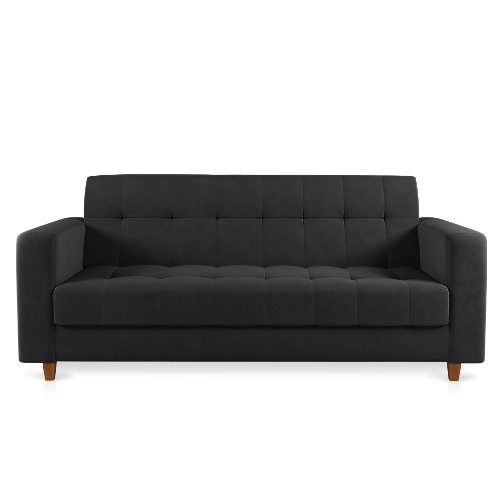Sofá 03 Lugares Arezzo Suede Preto Pés Chanfrado Castanho - D'Rossi
