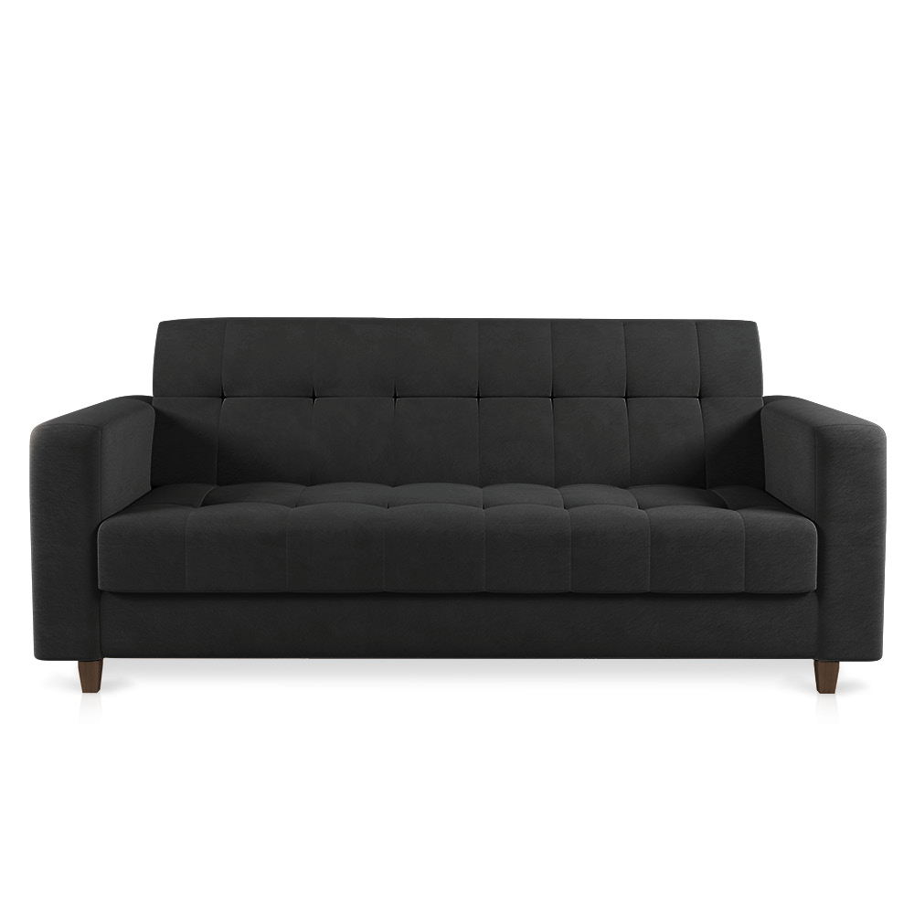 Sofá 03 Lugares Arezzo Suede Preto Pés Chanfrado Tabaco - D'Rossi