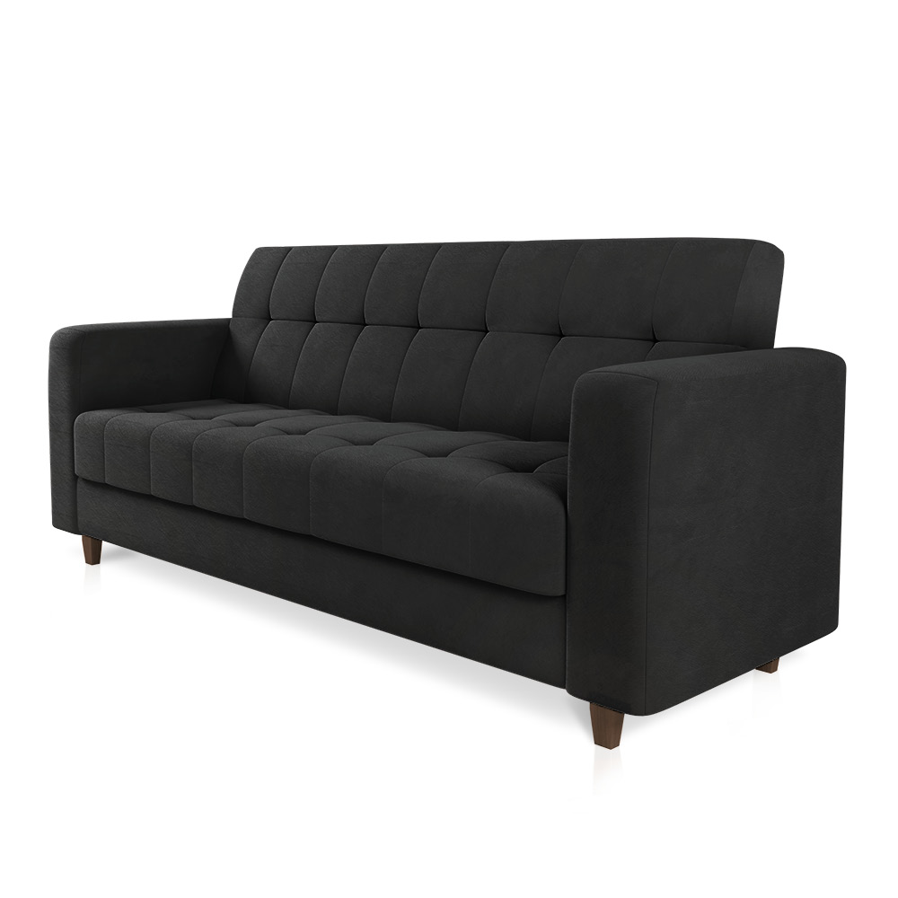 Sofá 03 Lugares Arezzo Suede Preto Pés Chanfrado Tabaco - D'Rossi