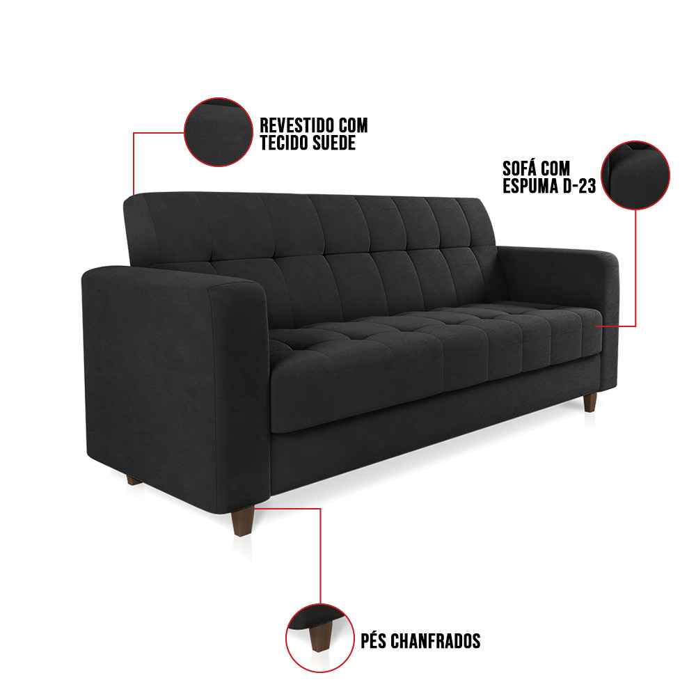 Sofá 03 Lugares Arezzo Suede Preto Pés Chanfrado Tabaco - D'Rossi