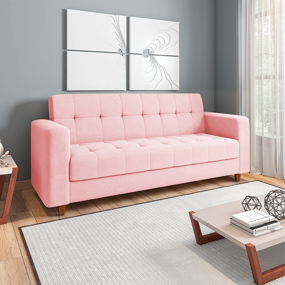 Sofá 03 Lugares Arezzo Suede Rosa Bebê Pés Chanfrado Castanho - D'Rossi