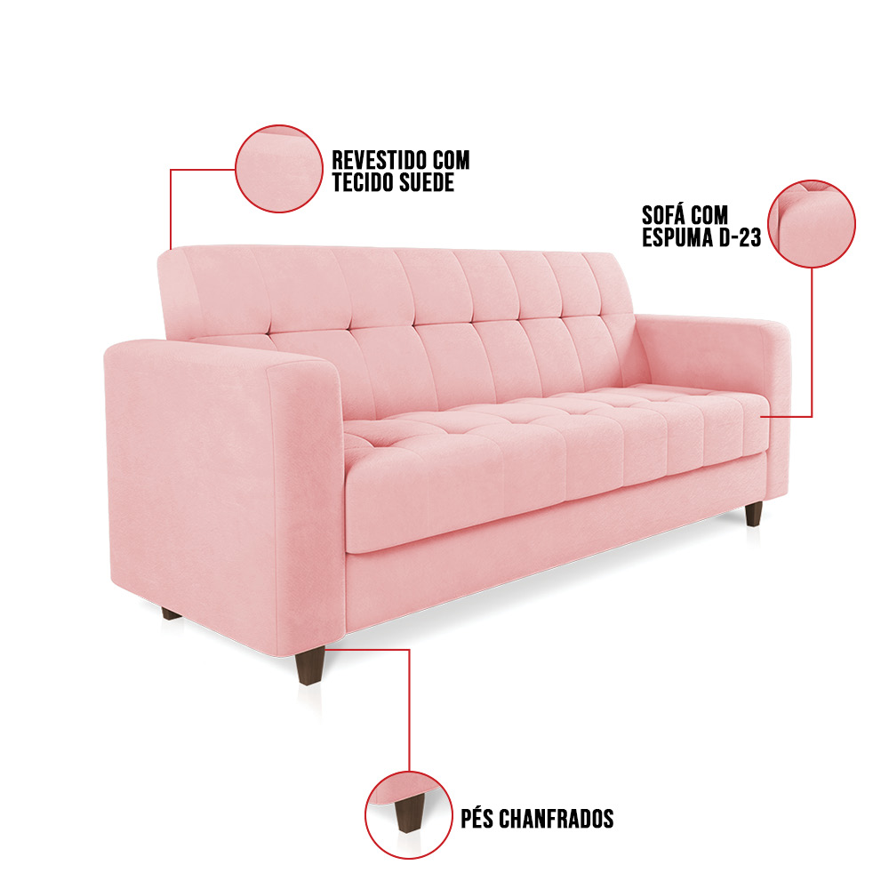 Sofá 03 Lugares Arezzo Suede Rosa Bebê Pés Chanfrado Tabaco - D'Rossi
