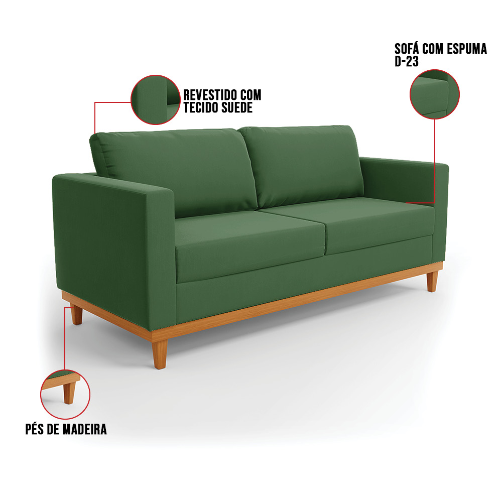 Sofá 03 Lugares Juliette Suede Verde Base Madeira Castanho - D'Rossi