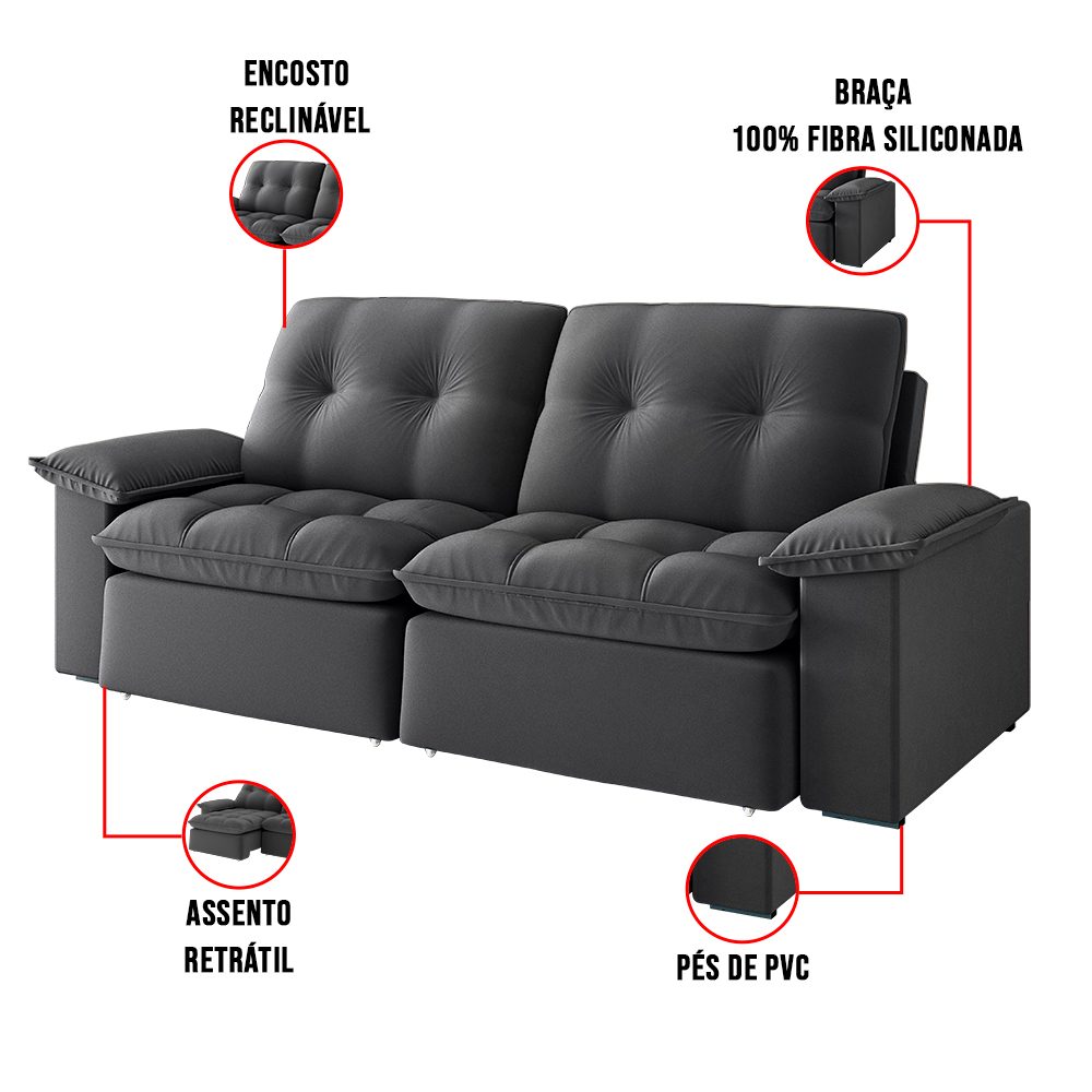 Sofá 2 Lugares Retrátil Bolívia 180 cm Veludo Grafite Pés Tabaco - D'Rossi