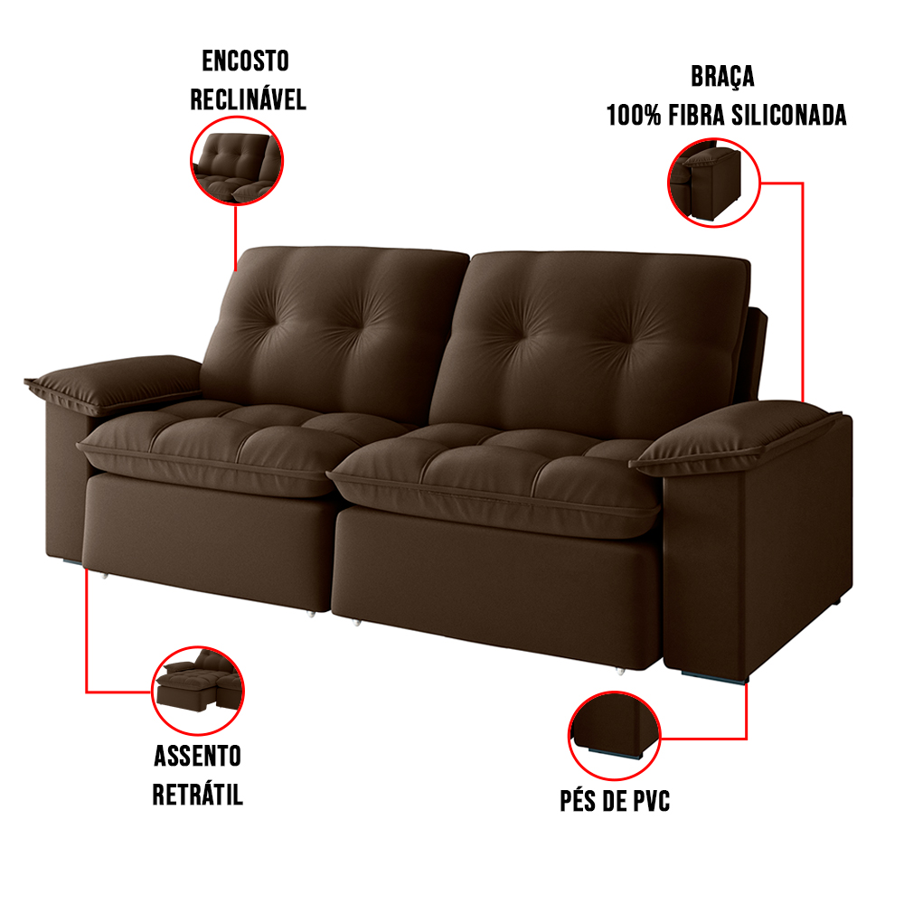 Sofá 2 Lugares Retrátil Bolívia 180 cm Veludo Marrom Pés Tabaco - D'Rossi