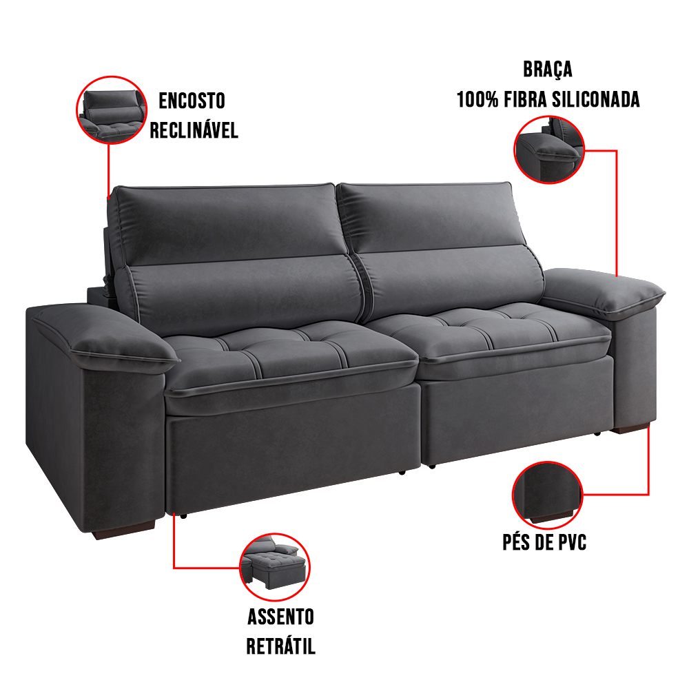 Sofá 2 Lugares Retrátil Letônia 180 cm Veludo Grafite Pés Tabaco - D'Rossi