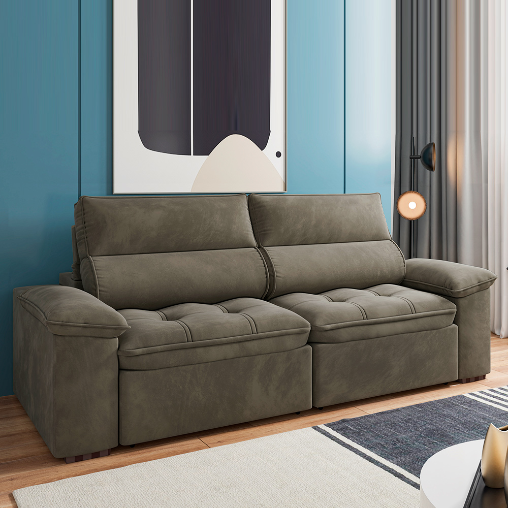 Sofá 2 Lugares Retrátil Letônia 230 cm Veludo Cappuccino Pés Tabaco - D'Rossi