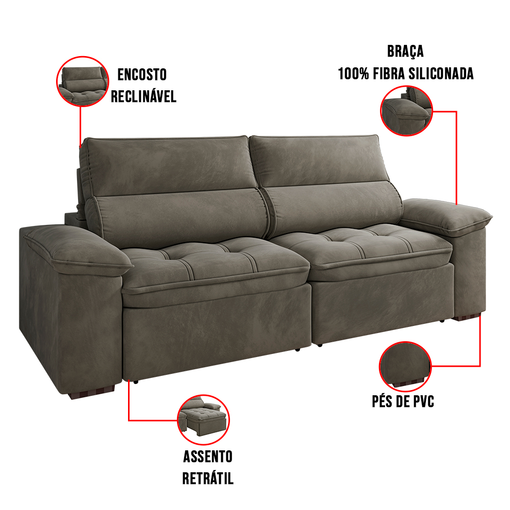 Sofá 2 Lugares Retrátil Letônia 230 cm Veludo Cappuccino Pés Tabaco - D'Rossi
