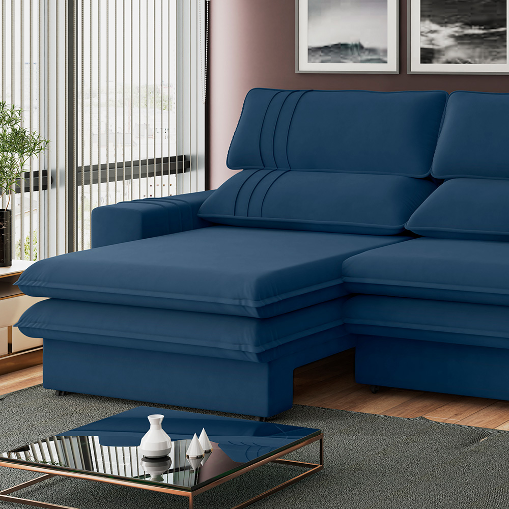 Sofá 2 Lugares Retrátil Noruega 180 cm Veludo Azul marinho Pés Tabaco - D'Rossi