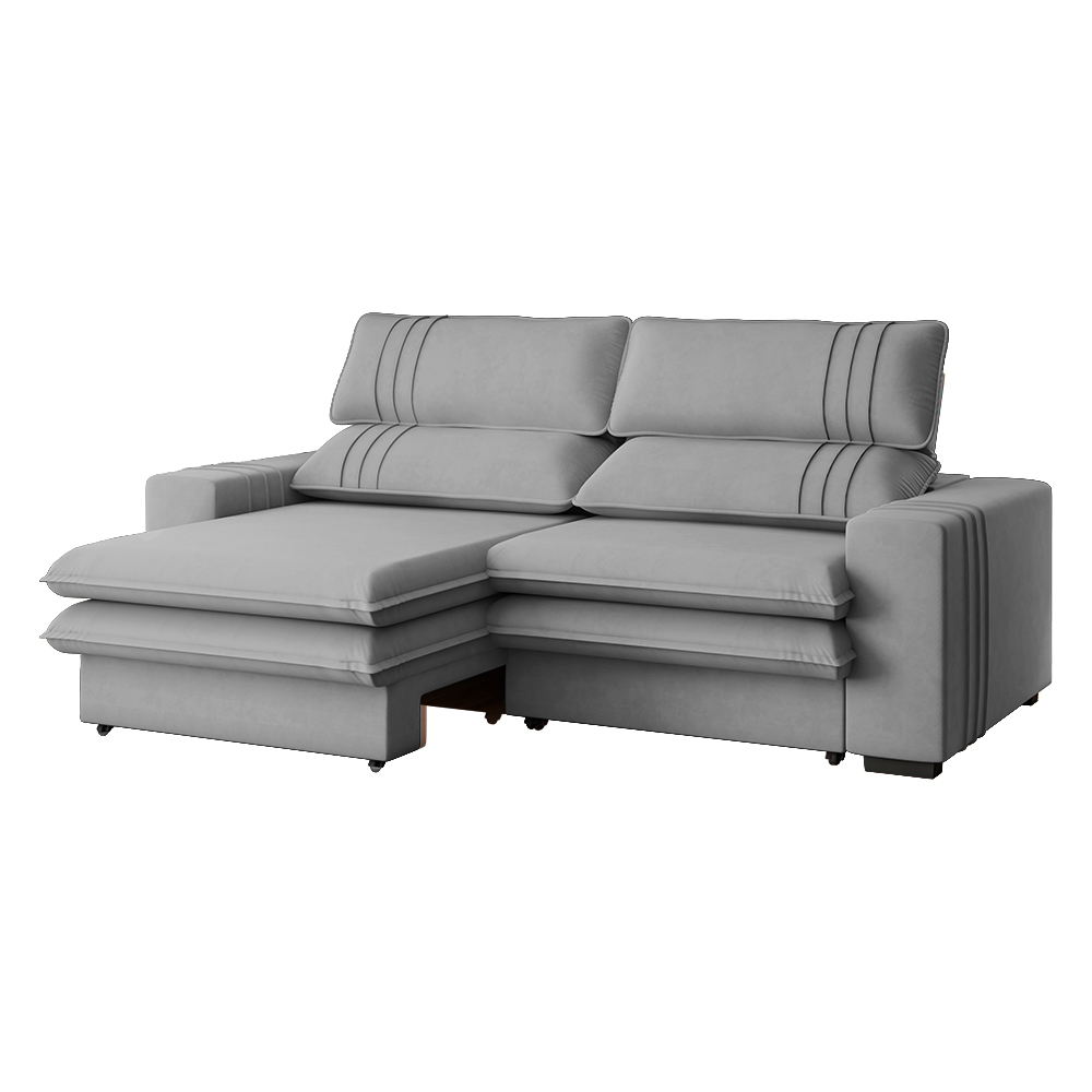 Sofá 2 Lugares Retrátil Noruega 180 cm Veludo Cinza Pés Tabaco - D'Rossi