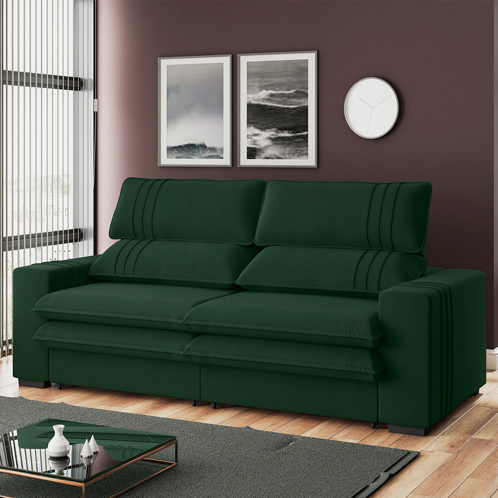 Sofá 2 Lugares Retrátil Noruega 180 cm Veludo Verde Pés Tabaco - D'Rossi