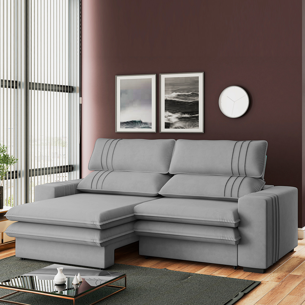 Sofá 2 Lugares Retrátil Noruega 230 cm Veludo Cinza Pés Tabaco - D'Rossi