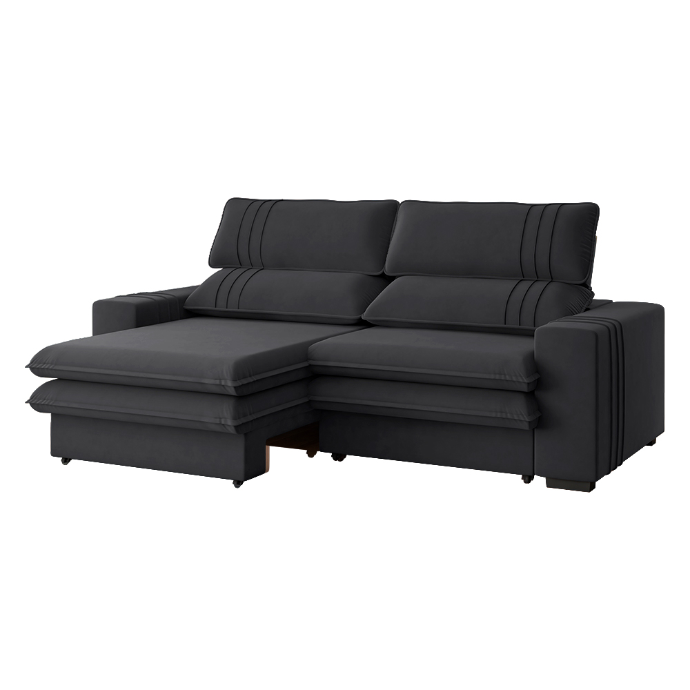 Sofá 2 Lugares Retrátil Noruega 230 cm Veludo Grafite Pés Tabaco - D'Rossi