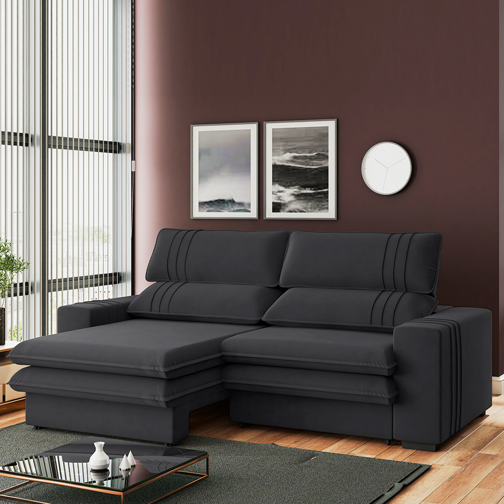 Sofá 2 Lugares Retrátil Noruega 230 cm Veludo Grafite Pés Tabaco - D'Rossi