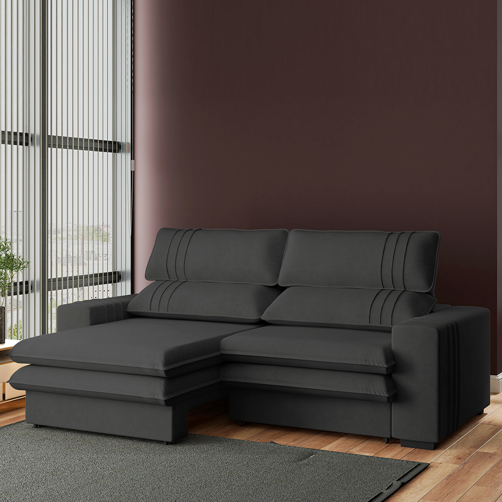Sofá 2 Lugares Retrátil Noruega 230 cm Veludo Grafite Pés Tabaco - D'Rossi