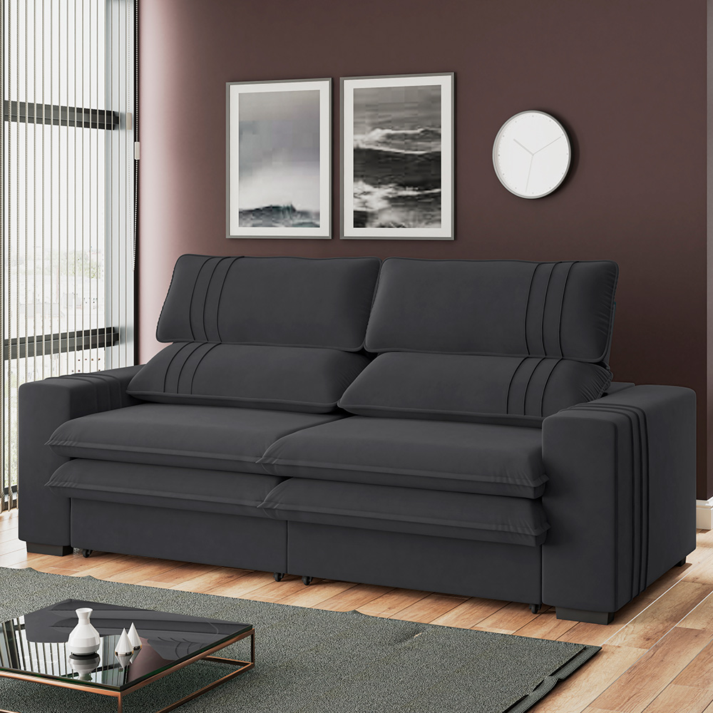Sofá 2 Lugares Retrátil Noruega 230 cm Veludo Grafite Pés Tabaco - D'Rossi