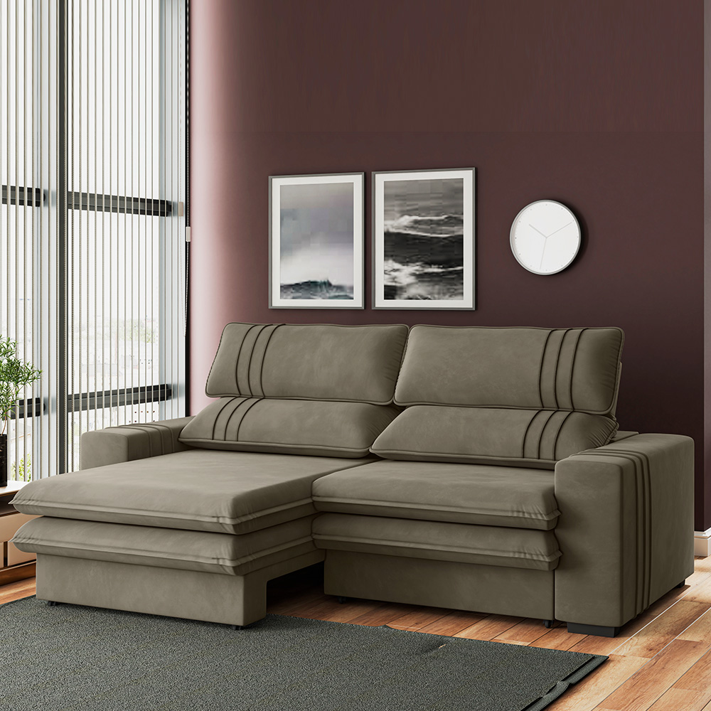 Sofá 2 Lugares Retrátil Noruega 270 cm Veludo Cappuccino Pés Tabaco - D'Rossi