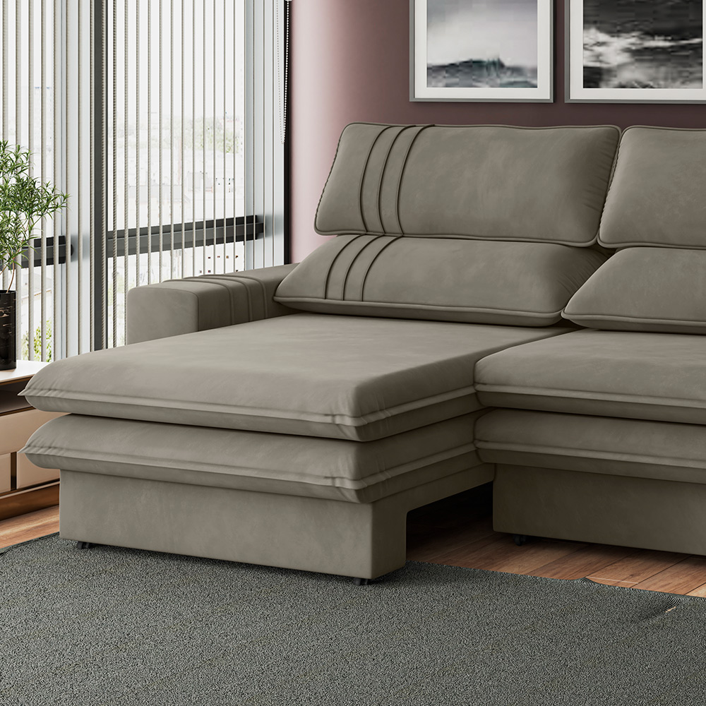 Sofá 2 Lugares Retrátil Noruega 270 cm Veludo Cappuccino Pés Tabaco - D'Rossi