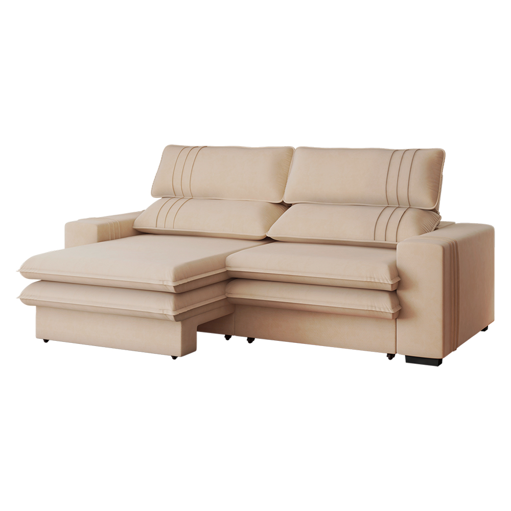 Sofá 2 Lugares Retrátil Noruega 270 cm Veludo Off White Pés Tabaco - D'Rossi