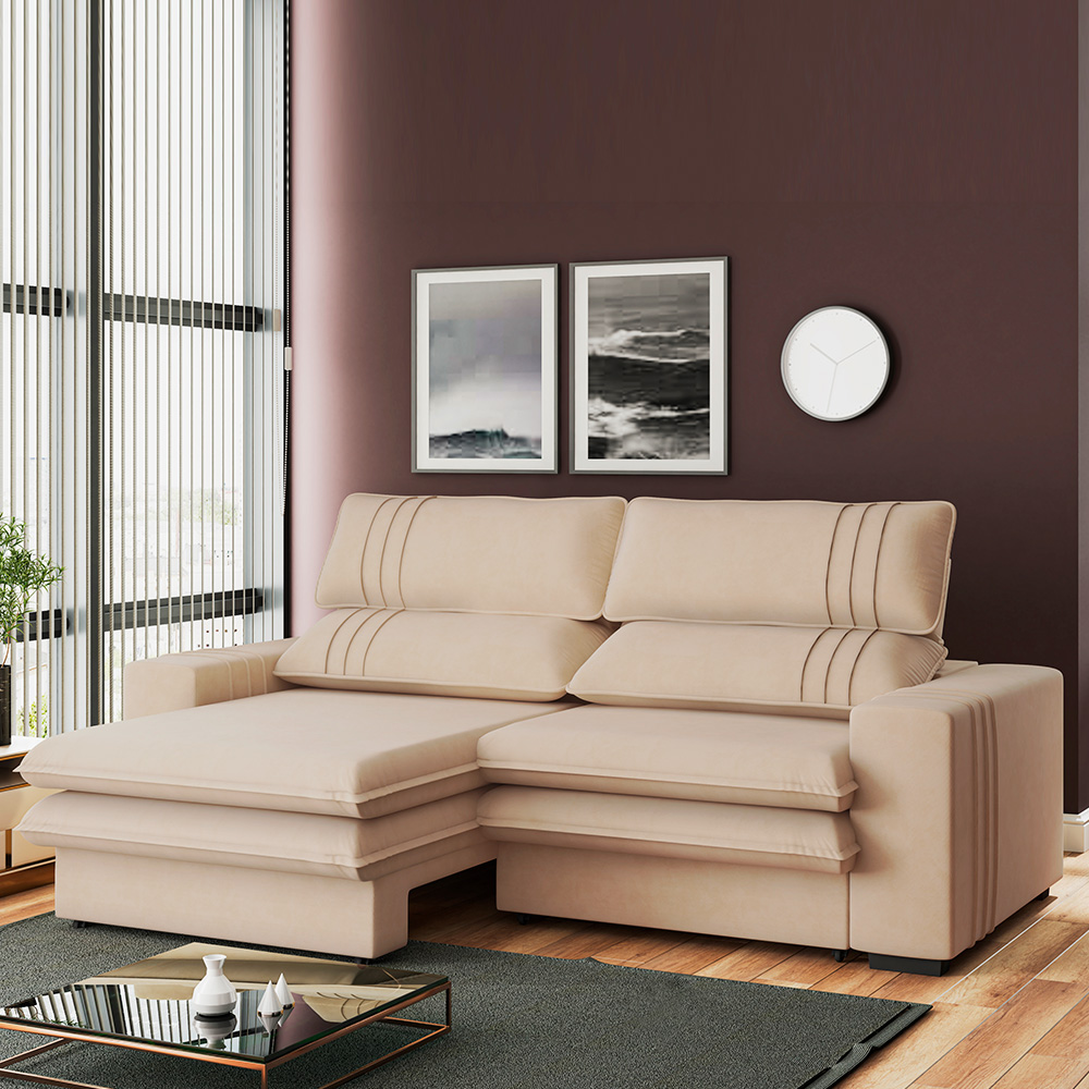 Sofá 2 Lugares Retrátil Noruega 270 cm Veludo Off White Pés Tabaco - D'Rossi
