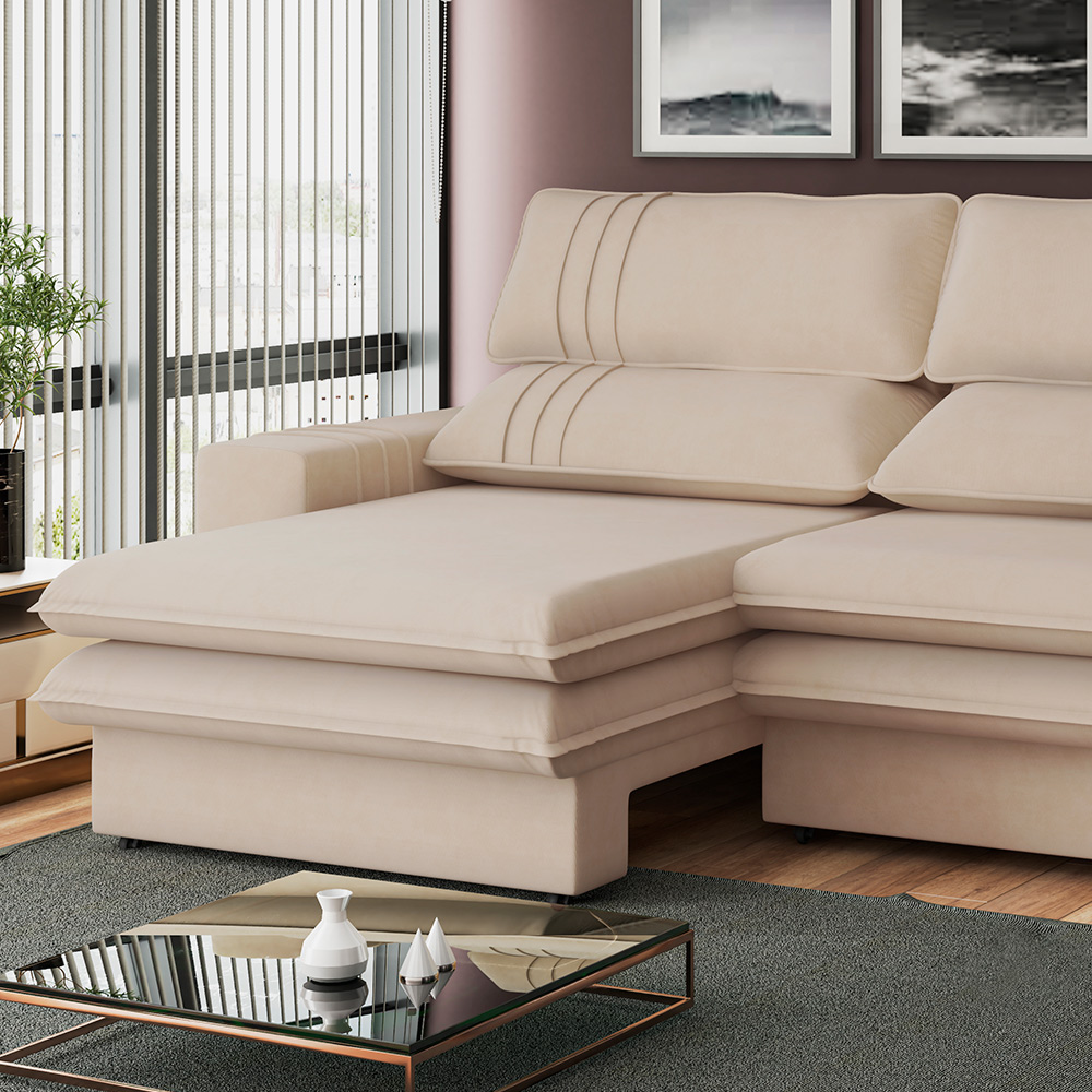 Sofá 2 Lugares Retrátil Noruega 270 cm Veludo Off White Pés Tabaco - D'Rossi