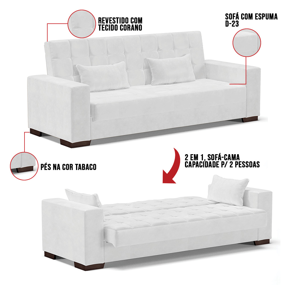 Sofá Cama 02 Lugares Lisboa Corano Branco  - D'Rossi